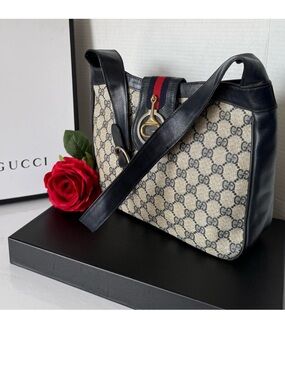 Gucci Beige GG Canvas Shoulder Bag with Black Leather & Red Web Stripe